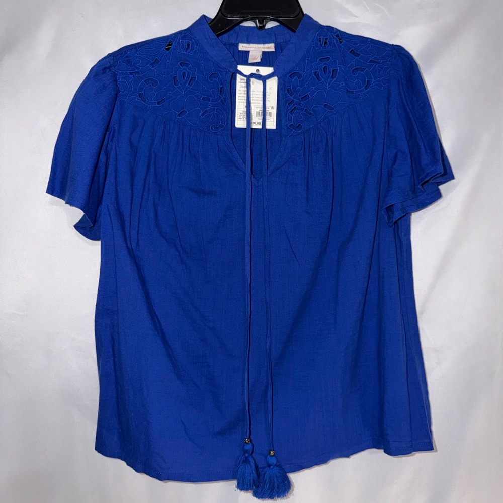 Knox Rose Womens Blue Embroidered Tassel Tie Blouse Short Sleeve Top Small NWT - Picture 2 of 9